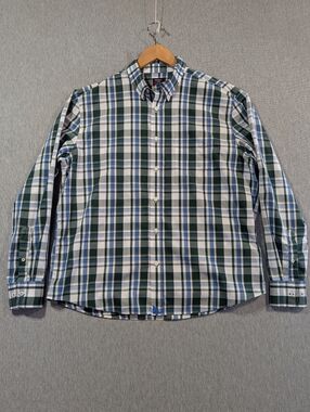 Untuckit Relaxed Fit Plaid Shirt Men's Large Green Blue White Wrinkle Fit